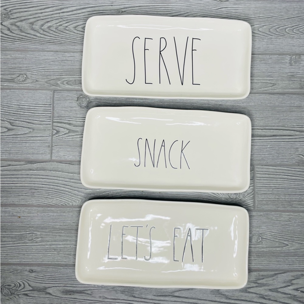 Rae Dunn 3 large ceramic charcuterie board trays “ serve “ “ let’s eat “ “snack”